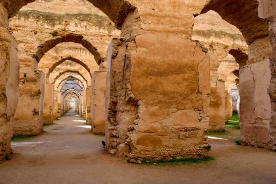 The vaulted interior of the Heri es-Souani royal granaries in Meknes — the massive brick arches of Moulay Ismail's storage complex, designed to provision the kingdom for years, create an effect of architectural scale and cool silence that rivals the great mosque interiors of Morocco